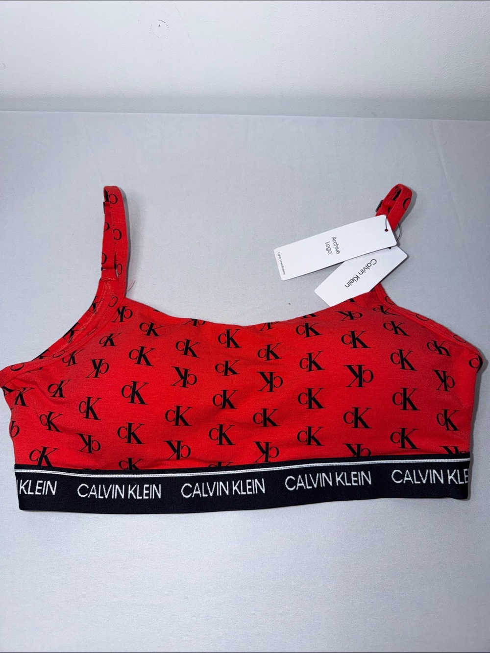 Calvin Klein Red CK Logo Crop Bralette with Black Band